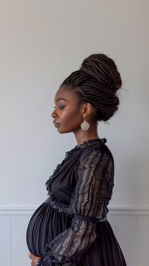 Pregnant woman in black dress, profile portrait