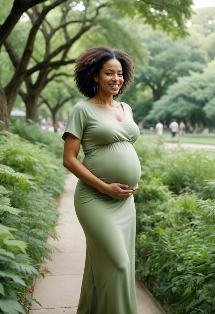 Pregnant woman smiling in green dress at park