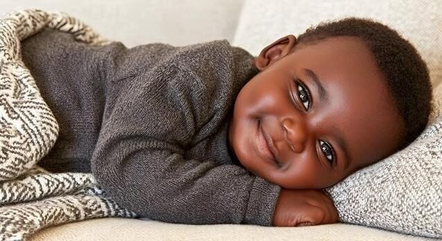 an adorable smiling baby with dark skin lies comfortably on a cozy couch under a blanket looking at the camera photo
