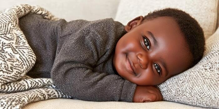 an adorable smiling baby with dark skin lies comfortably on a cozy couch under a blanket looking at the camera photo